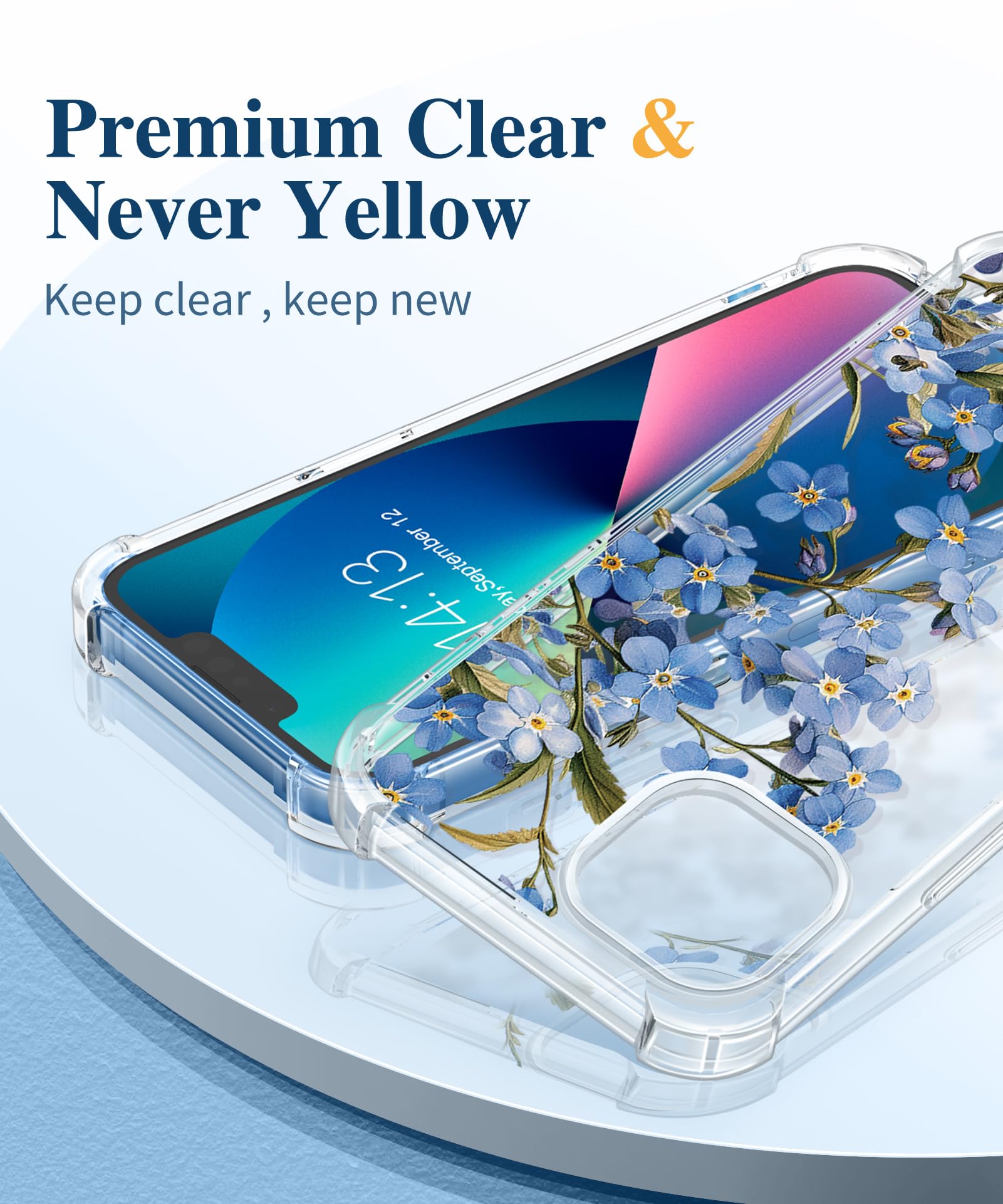 GVIEWIN Compatibile con Cover iphone 13 2021 6,1, con Pellicola Proteggi Schermo in Vetro Temperato + Protezione Obiettivo Fotocamera, Cover Morbida Antiurto in TPU Trasparente Fiore, Aconitum/Blu