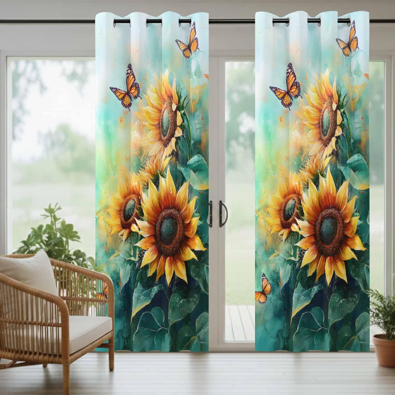 Watercolor Sunflower Outdoor Curtains for Patio Waterproof, Floral Butterfly Teal Green Leaf Outside Curtains Grommet Privacy Drape for Pergolas Porch Backyard 2 Panels, 54 x 108 inch