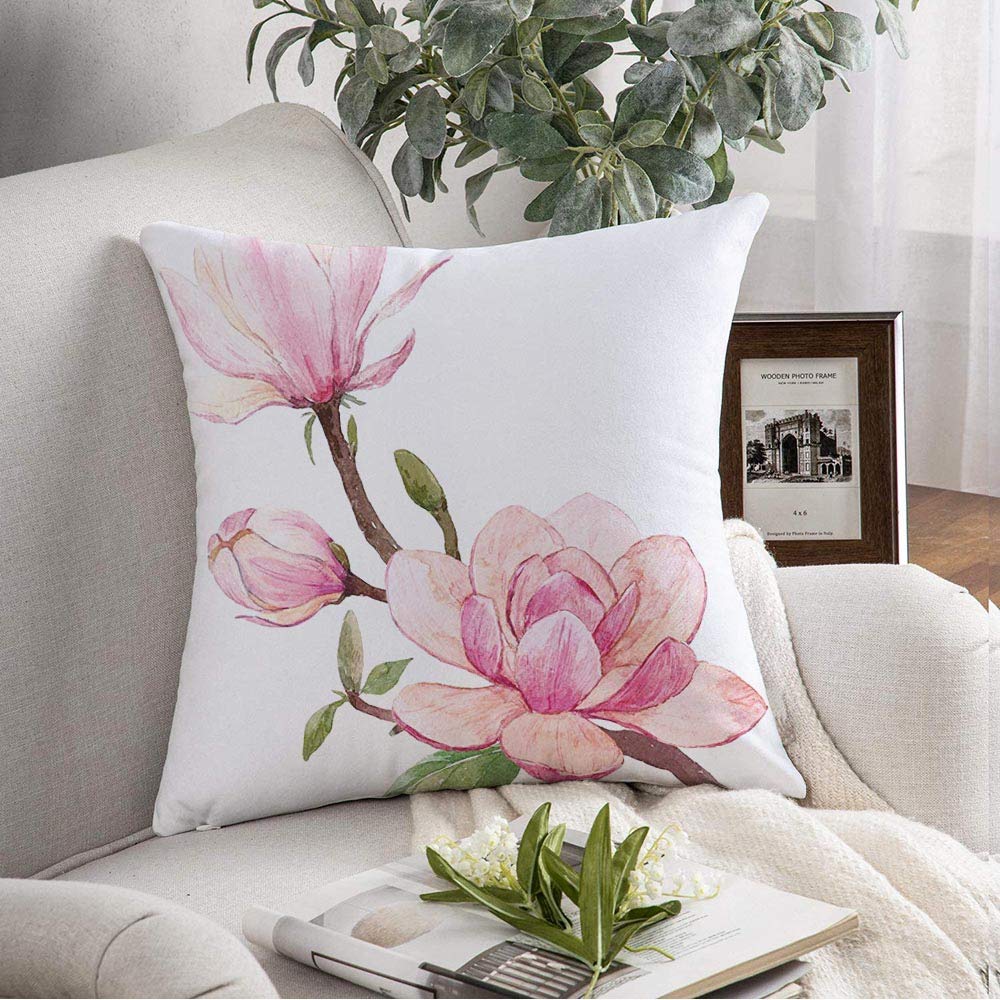Throw Pillow Pillowcase Beautiful Watercolor Branch Flowers Tree Pink Magnolia Nature Bloom Blooming Blossom Botanical Bud Throw Pillow Cover Square Cushion for Couch Chair Bedding 18x18 Inch