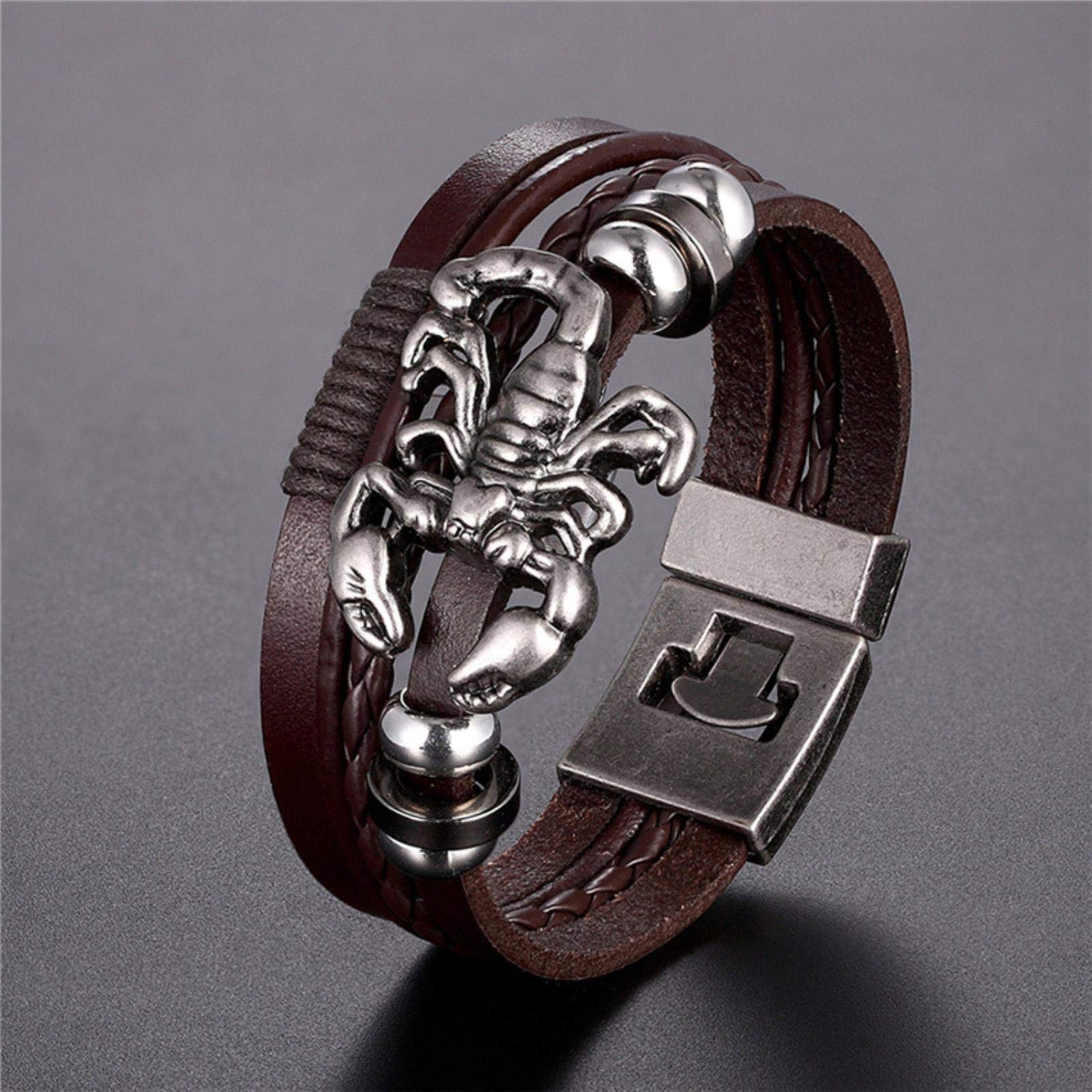 Bracciale Uomo In Pelle Intrecciata FRER, Modello Scorpioni Vichinghi, Regolabile Con Ciondoli, Gioiello Unisex