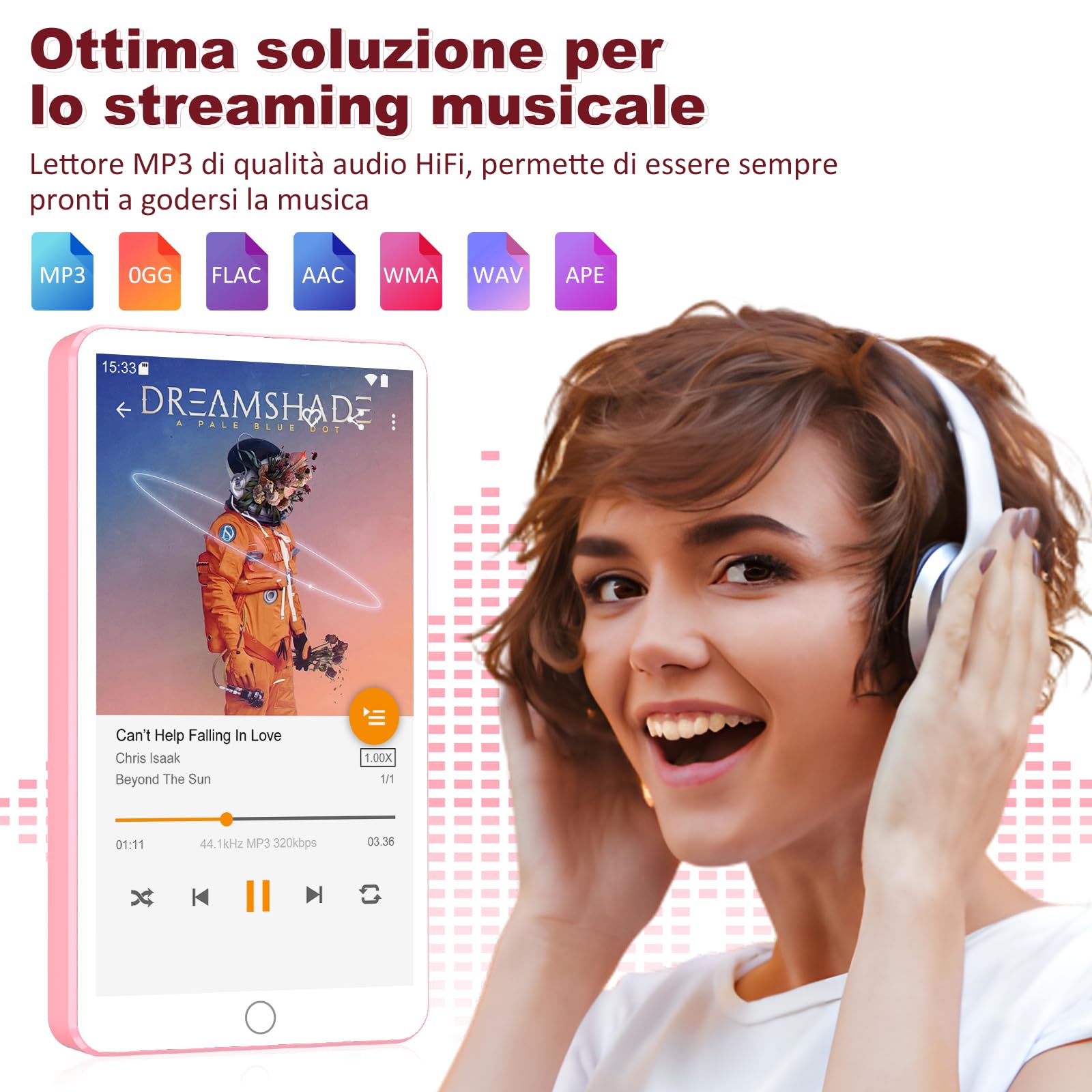 Lettori MP3 144GB con Bluetooth WiFi, lettori MP4 da 2000mAh con schermo touchscreen da 4” e altoparlante, lettori musicali MP3 con sistema operativo Android 13, Spotify, Audible, Play Store (Pink)