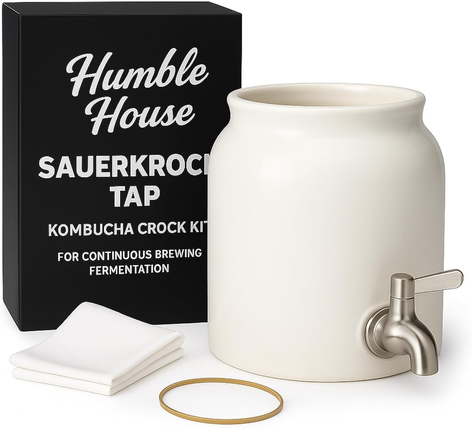 Kombucha Crock 1.3 Gallon Humble House Sauerkrock Tap Stainless Steel Spigot, Cotton Cloth & Rubber Band - White Ceramic Probiotic Dispenser 5 Liter Continuous Brewing Kombucha SCOBY Hotel Jar
