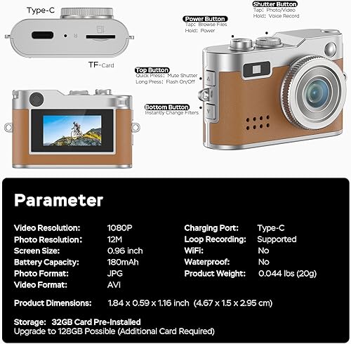 Miniatura 7 de Mini cámara retro con video de 1080P, fotos de 12 MP, cámara digital con llavero, cámara pequeña ultracompacta con tarjeta SD de 32 GB, adaptador