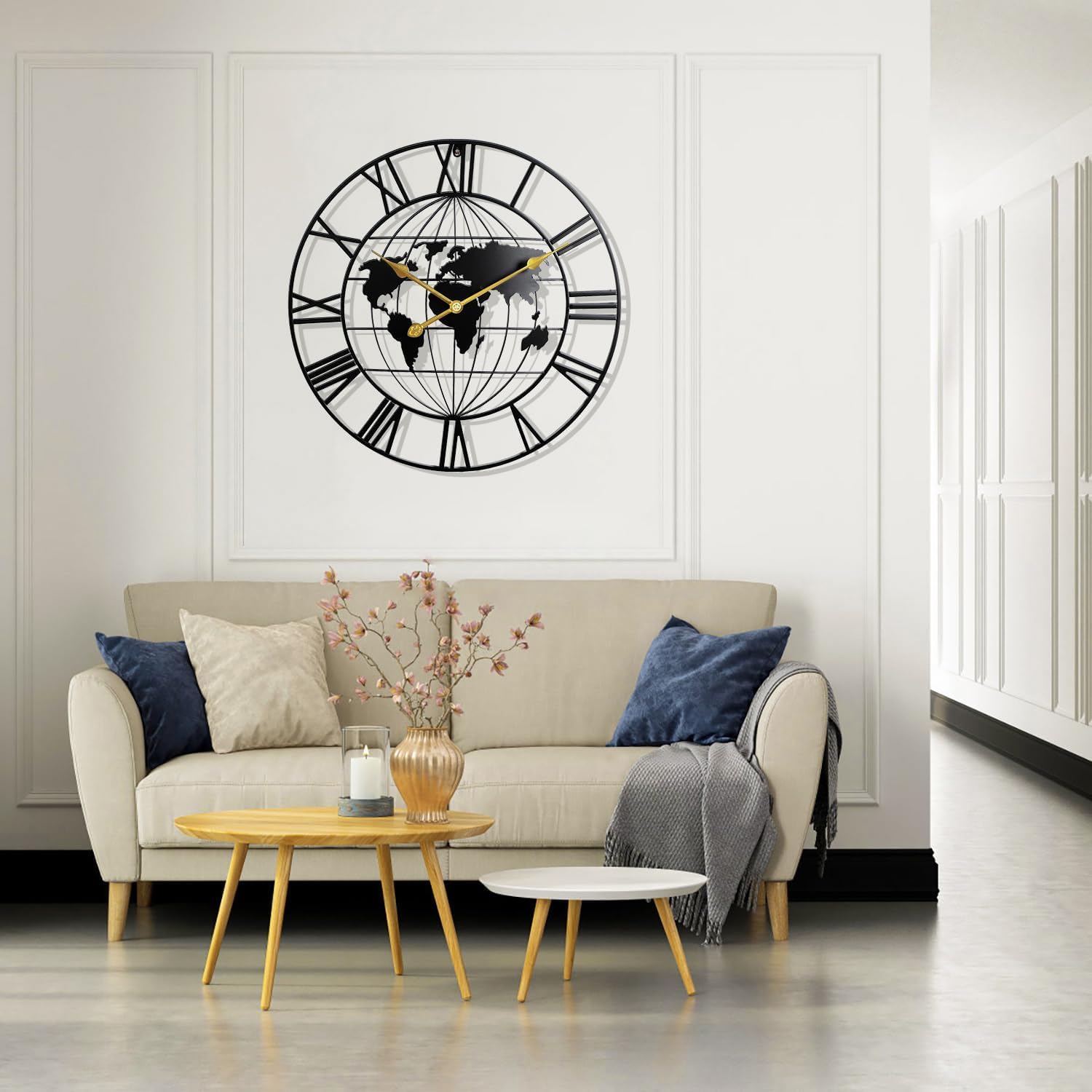 Large World Map Wall Clock, 30” Metal Minimalist Modern Clock, Round Silent Non-Ticking Battery Operated Wall Clocks for Living Room/Home/Kitchen/Bedroom/Office/School Decor (Black, 30 inches)