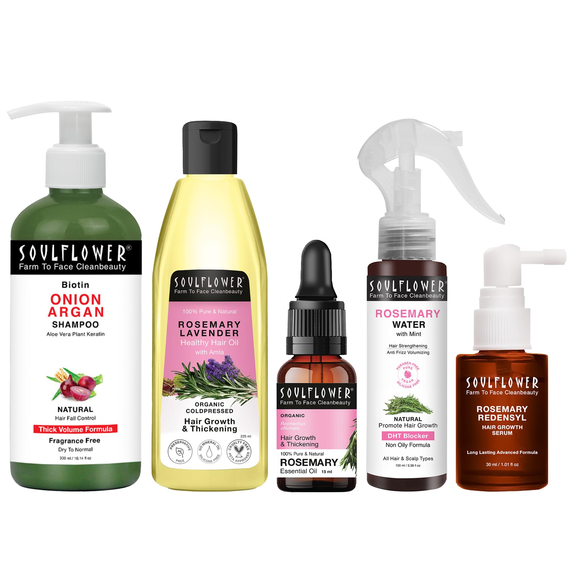 Soulflower Rosemary Healthy Hair Growth Regime | Rosemary Essential Oil, Rosemary Hair Oil, Onion Biotin Shampoo, Redensyl Hair Growth Serum, Rosemary Water for Hair Fall Control - Pack of 5 (670ml)