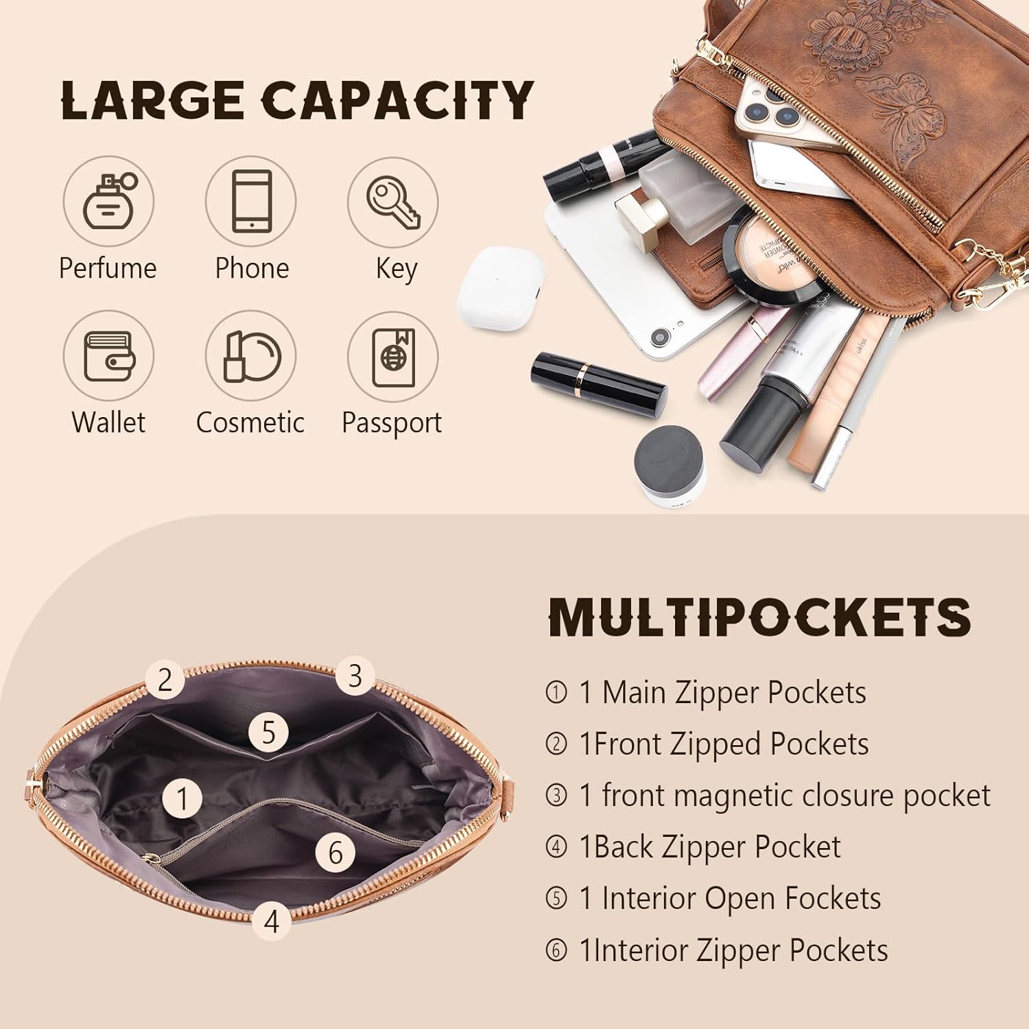 Crossbody Purses for Women Trendy,Vegan Leather Crossbody Bag Multi-Pocket Travel Shoulder Handbag with Tassel | Embossed Design, Adjustable Strap, Lightweight Purse, Medium, Soft Leather