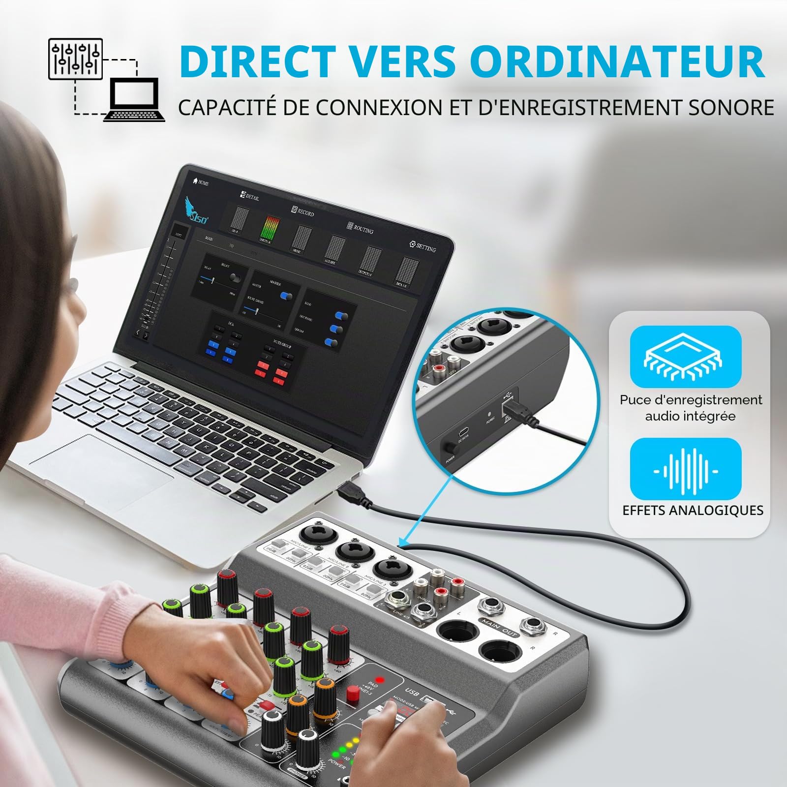 Aveek Audio Mixer, Console de mixage sonore avec 5 canaux, USB numérique, Bluetooth, Effets de Réverbération delay, Alimentation Fantôme 48V, Mixeurs DJ Stéréo pour l'enregistrement,Podcasts.Streaming