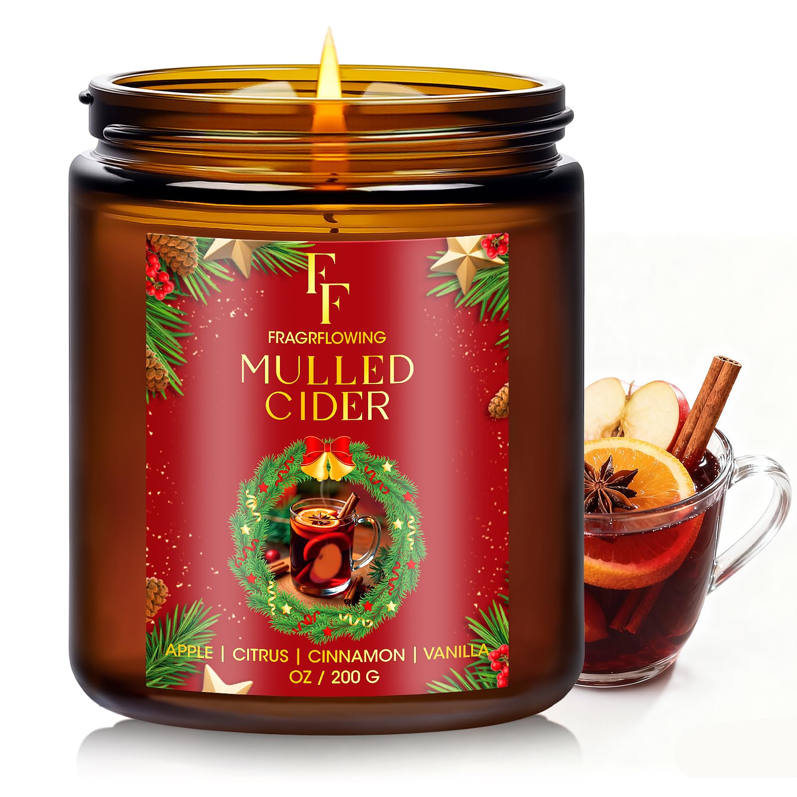 Christmas Candle, Mulled Cider Scented Candles for Home, Holiday Candles Natural Soy Candle, Aromatherapy Candle 7 oz Jar Candles Christmas Gift for Women Men