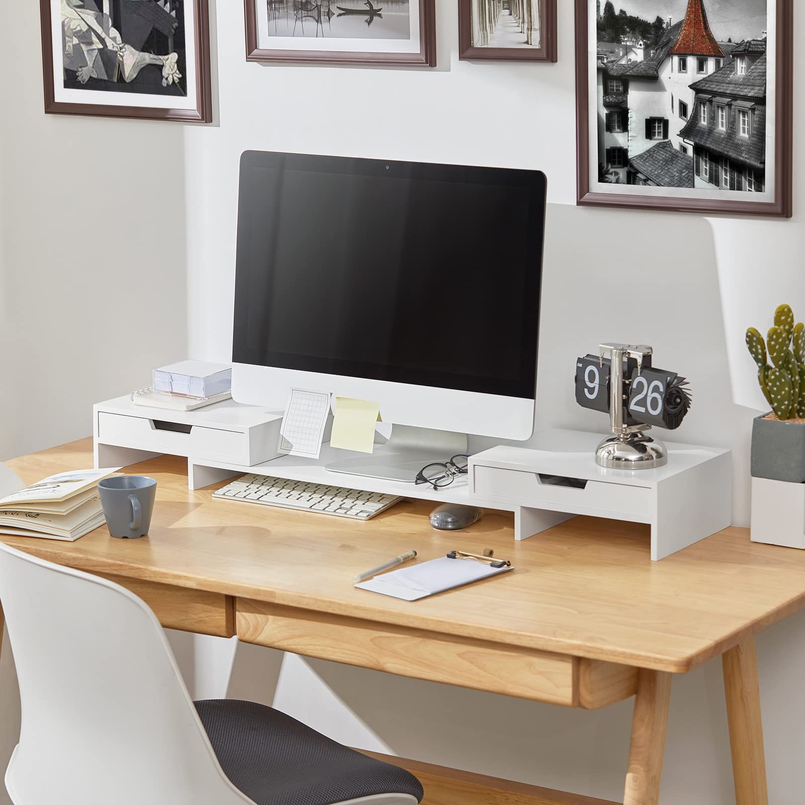 SoBuy Monitorverhoger Ergonomische Monitorstandaard Universele Computer Monitor Houder Laptop of TV Screen - Kleur Wit en Bamboe, 60x22x11cm, BBF11-WN