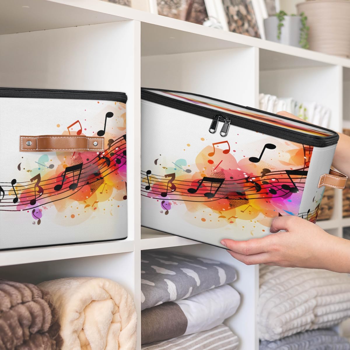 Storage Bin Set of 2 Colorful Music Notes Storage Basket with Zipper Lid & Handle Foldable Closet Shelf 2 Pack Cloth Organizer Basket Cube Bins Clothes Organizer for Bedroom, Nursery