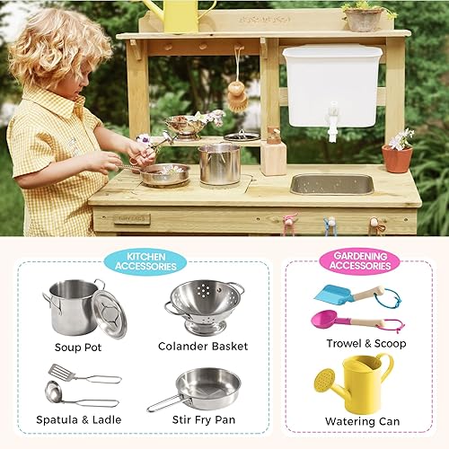 Miniatura 5 de Tiny Land Cocina de barro al aire libre para niños, cocina de madera con tanque de agua, juego de agua y cocina, diversión sensorial, resistente a