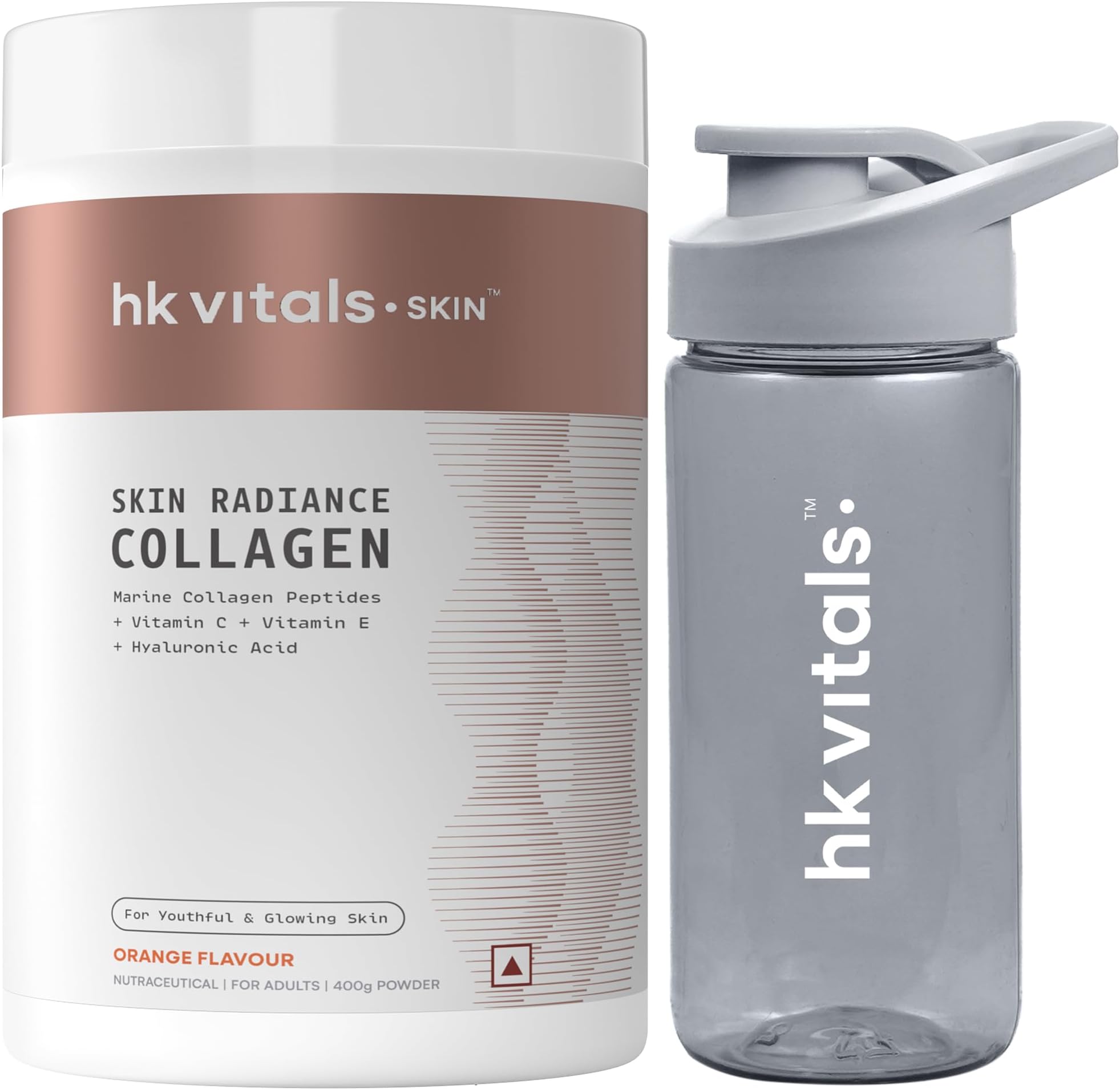 HealthKart hk vitals Marine Collagen Supplement (Orange, 400g) & Sipper Bottle (Teal, 300ml) Combo Pack | With Vitamin C & E | For Healthy Skin, Hair & Nails