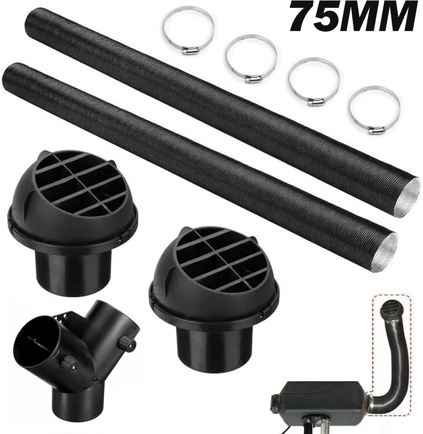 75mm Diesel Heater Duct Pipe Kit, ZDHQLHJ Diesel Parking Heater Set, Exhaust Pipe, 3-Way Y Shape Splitter Ducting Connector with Adjustable Valves, Car Heater Duct Warm Air Outlet Vent