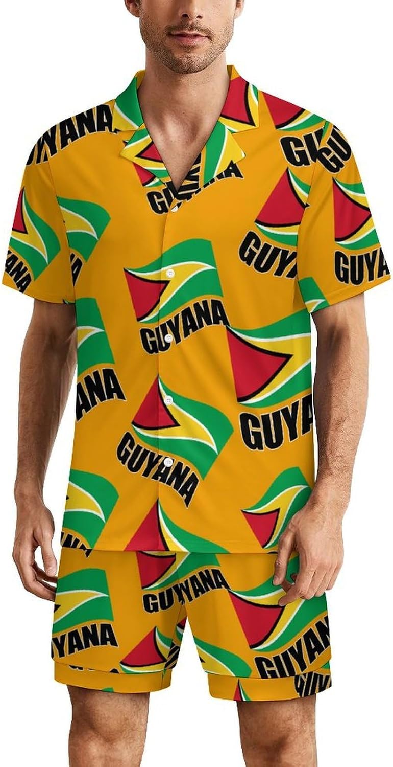 Guyana Flag Guyanese Men's Short Sleeve Pajama Set Satin Silk Like Lounge Sleepwear
