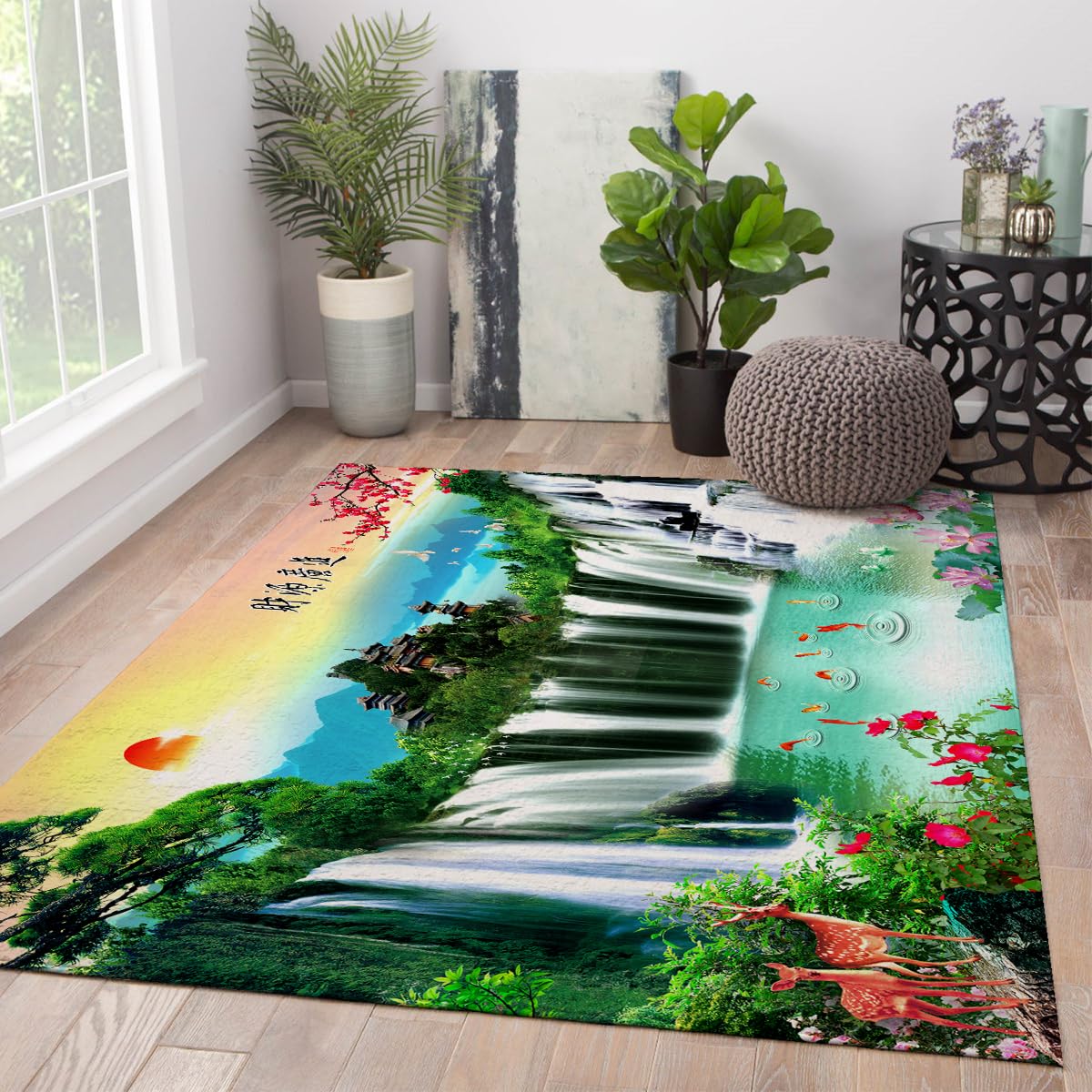 Tapis de salon lavable et mince style chinois à poils ras motif koï doux