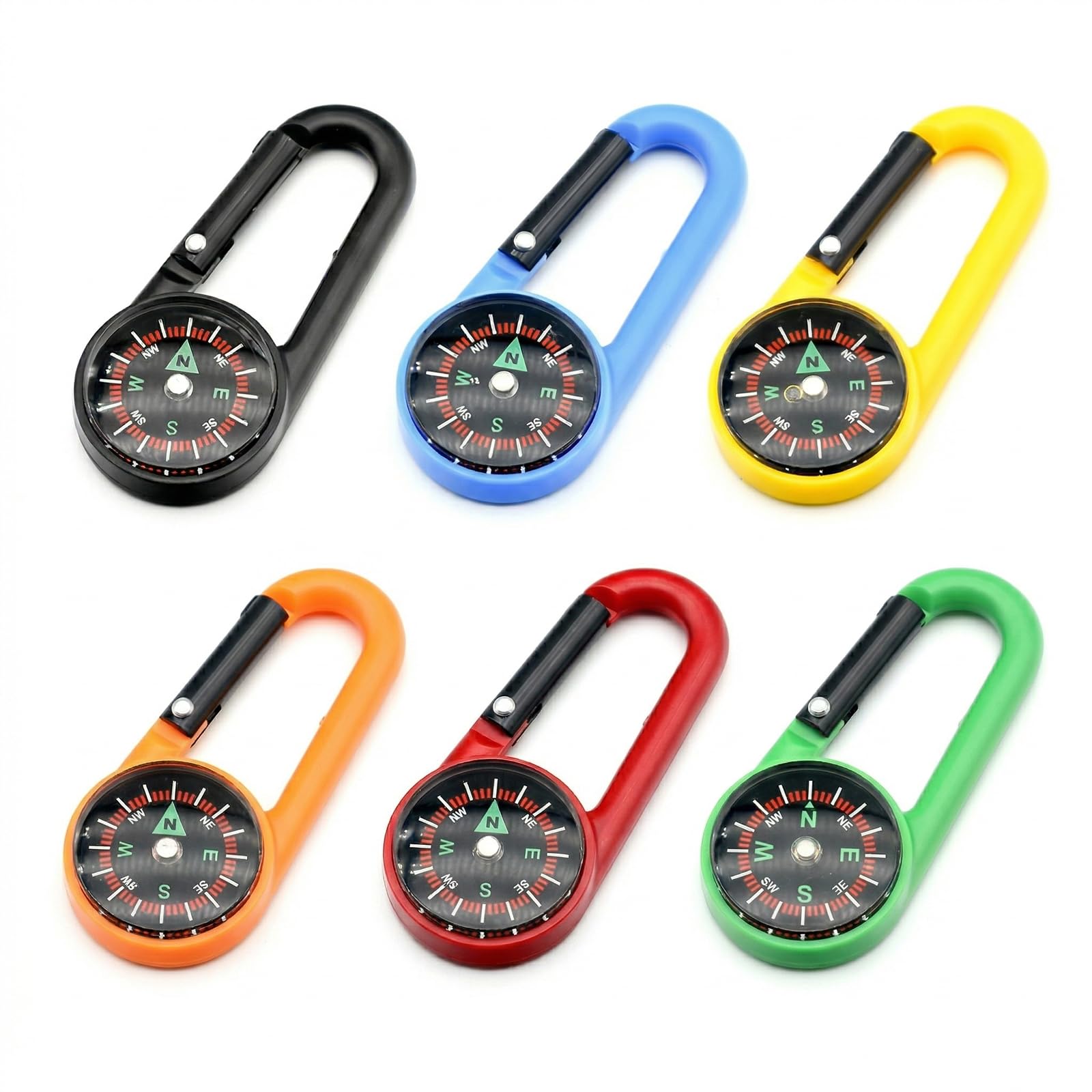 6 Pezzi Bussola per Bambini e Adulti con Moschettone Piccolo, Mini Bussola Portatile Multicolore per Trekking, Campeggio e Sopravvivenza, Regalo Educativo e Kit di Orientamento Outdoor