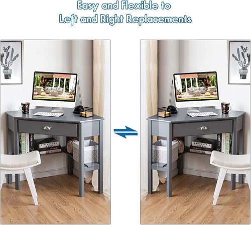 Miniatura 16 de Tangkula Escritorio esquinero, escritorio de esquina para computadora con cajón para espacio pequeño, escritorio de tocador de maquillaje de esquina