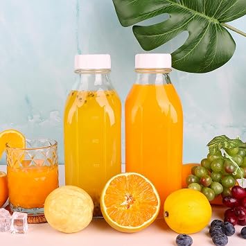 1000ml / 1 Litre Glass Milk Bottles with Lids, 2 Pack Reusable Juice Bottles Water Bottles with Capacity Mark & Pour Spout, Liquid Storage for Fridge Coffee Smoothie