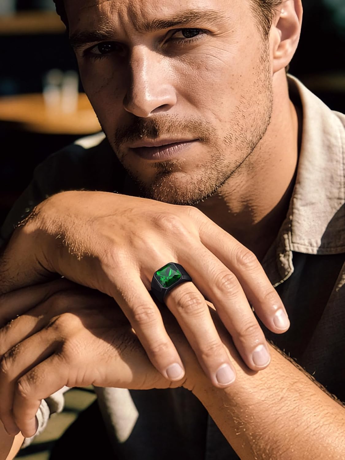 Bandmax Gemstone Signet Rings for Men, Stainless Steel Fancy Cut Cubic Zirconia Rings Blue Topaz/Emerald/Black Onyx/Ruby Ring Statement Ring Wedding Ring Size 7-14