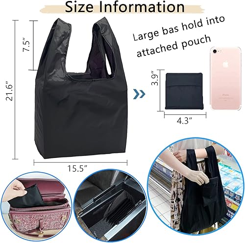 Miniatura 3 de Paquete de 6 bolsas de comestibles reutilizables plegables y reutilizables con bolsa de fijación, bolsas ligeras lavables para mujeres