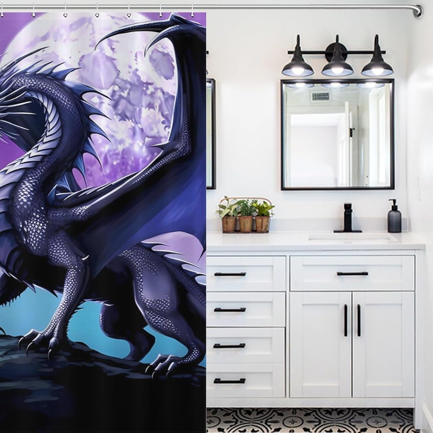 Dragon on Mountain Moon Funny Shower Curtains Washable Bath Curtain Liner with Hooks for Bathroom Bath Tubs
