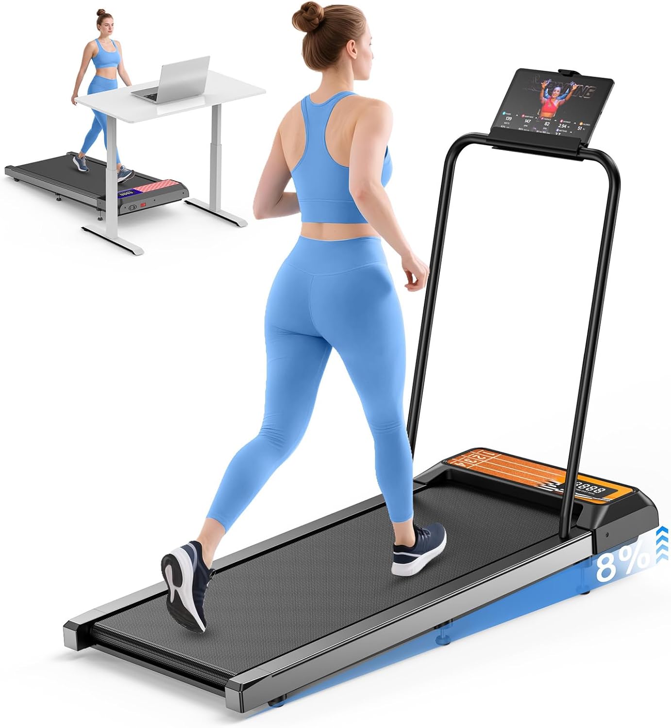 Walking Pad Treadmill with Incline - Portable Under Desk Treadmill, Walking Pad with Handle Bar, 2.5HP Low Noise, 2 in 1 for Home and Office, Remote Control with LED Screen 270lbs (Purple)