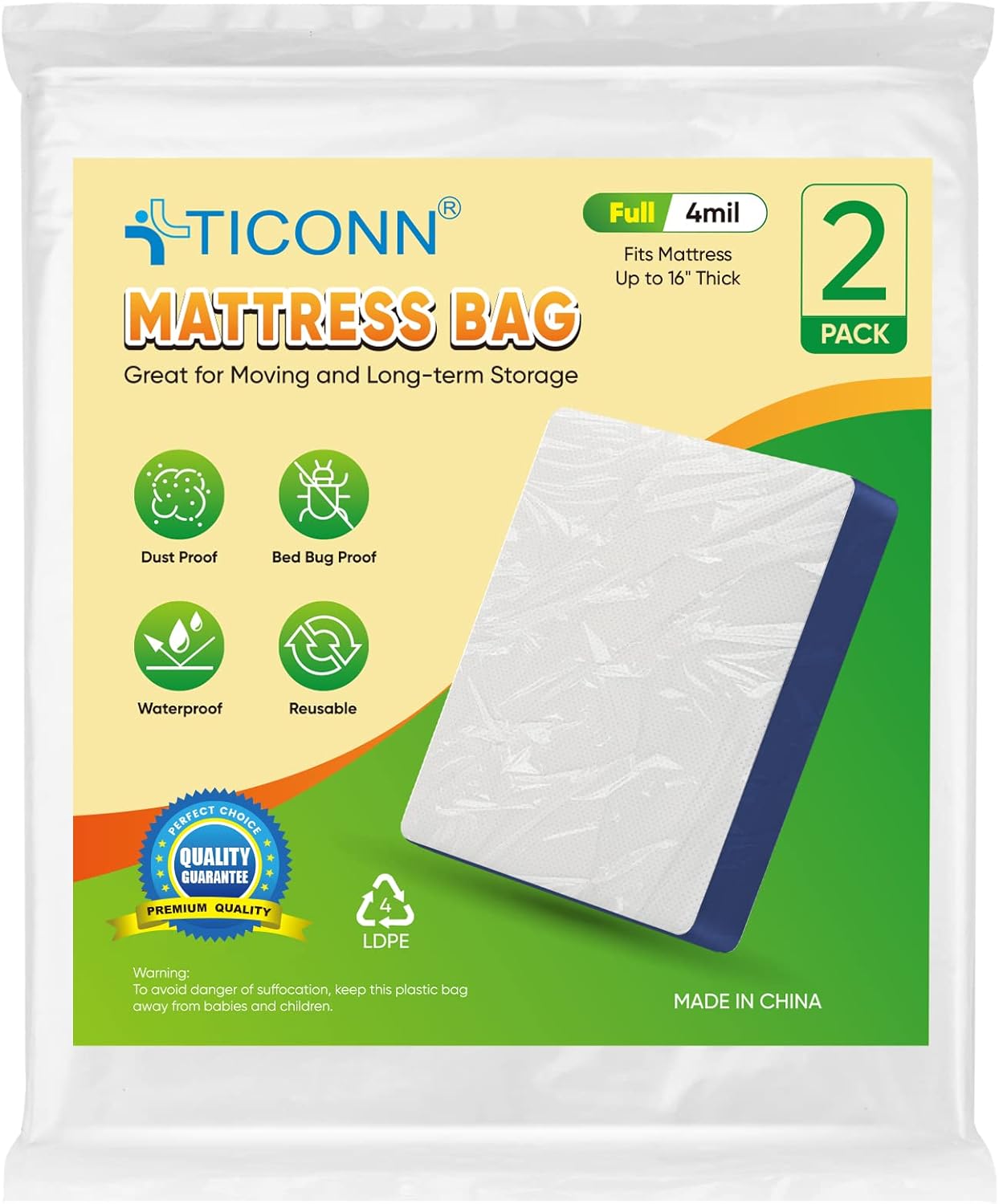TICONN Mattress Bags for Moving (Full) & 2PK Plastic Mattress Bag for Moving Storage (4 mil)