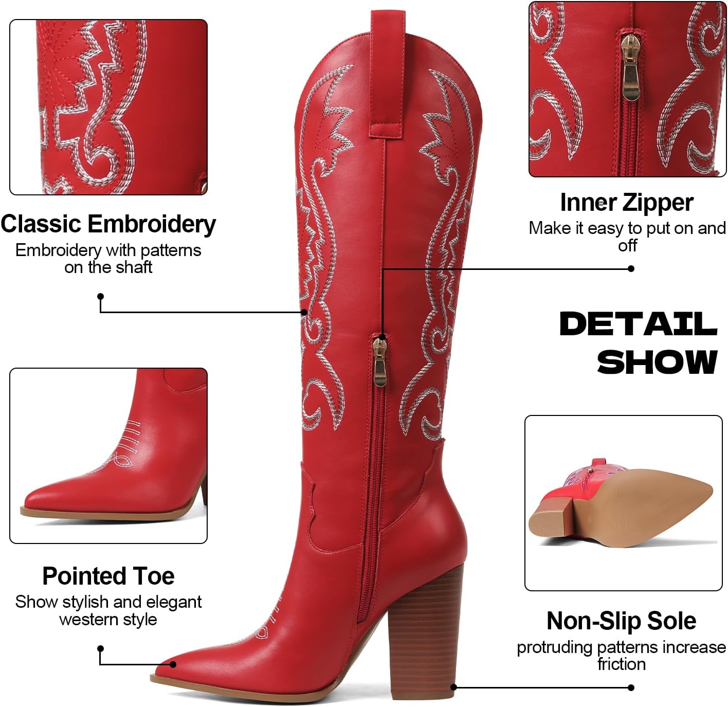 VOMIRA Knee High Cowboy Boots for Women Pointed Toe Chunky High Heels Pull-on Embroidered Boots Western Boots Wide Calf Cowgirl Boots - Image 5