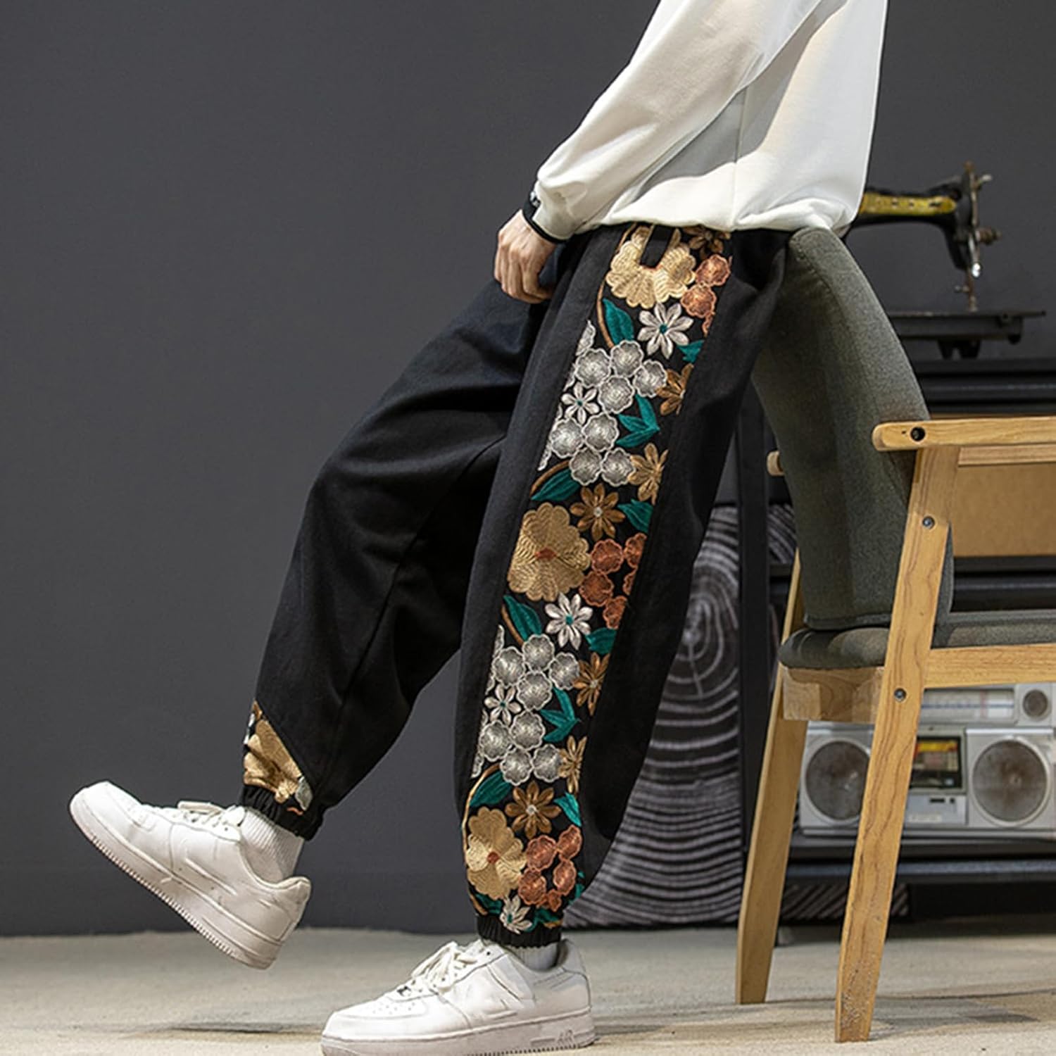 Men's Wide Leg Embroidered Pants Elastic Waist Relaxed Fit Casual Hip Hop Yoga Cotton Trousers