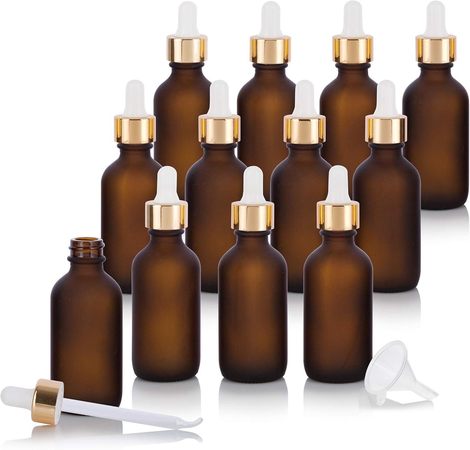JUVITUS 2 oz Frosted Amber Glass Boston Round Bottle with Gold Metal and Glass Dropper (12 pack) + Funnel