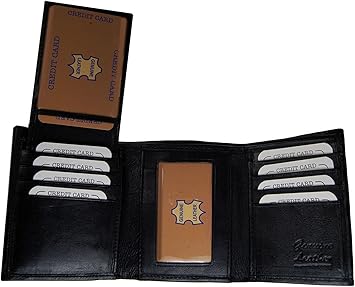 Mens Leather Wallet Trifold Black Flipup Window ID FREE Organza Gift Bag SUN1222BK