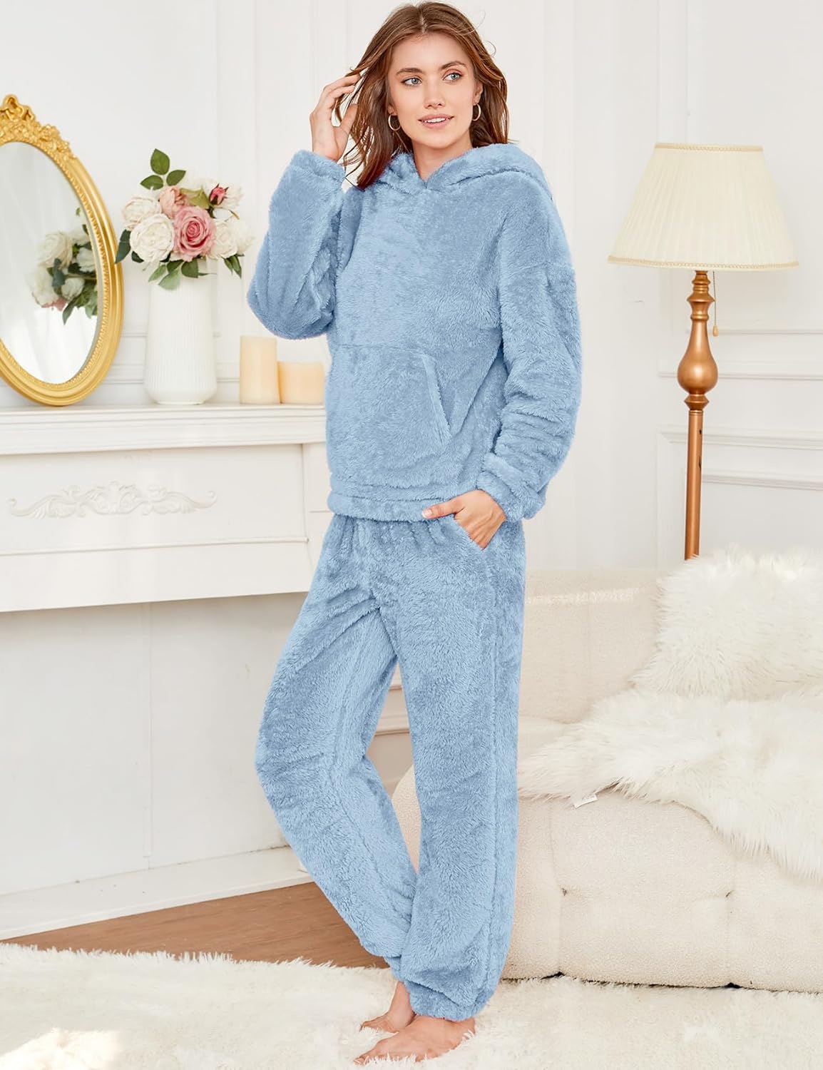 COZYPOIN Women's Fuzzy Pajamas Sets Hooded Bear Ear Fluffy Fleece Loungewear Sleep Pullover Top Pants 2 Piece Outfits Pockets - Image 2