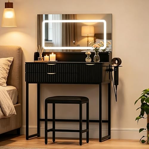 GarveeHome 31" Glass Top Makeup Vanity Desk with 3‑Section Makeup Tray - Vanity Desk Set with 3-Color Lighted Mirror and Power Outlet - Makeup Table with 3 Drawers and Hair Dryer Rack for Bedroom