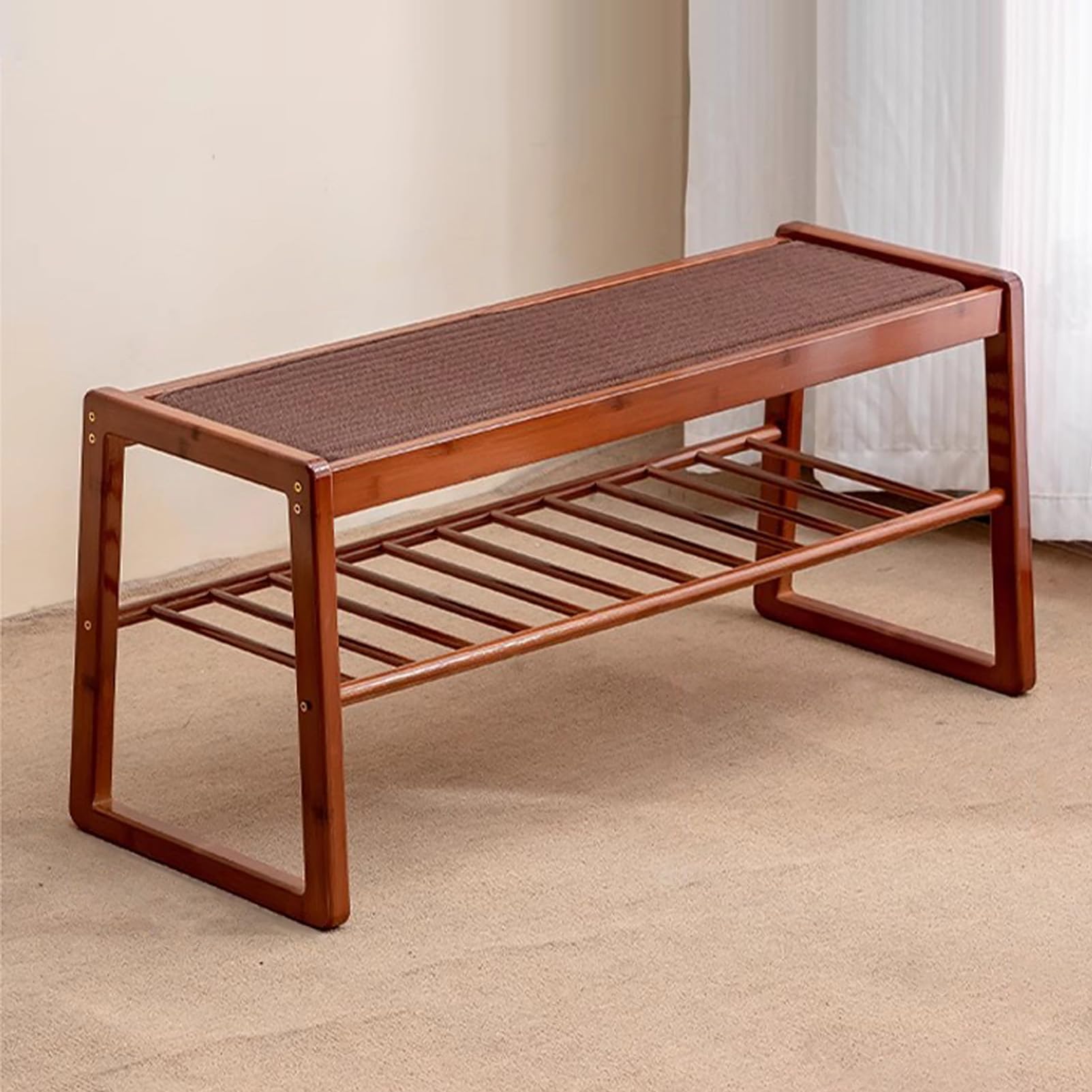 Meuble à chaussures pour entrée chaleureuse avec assise en bois massif et double étagère