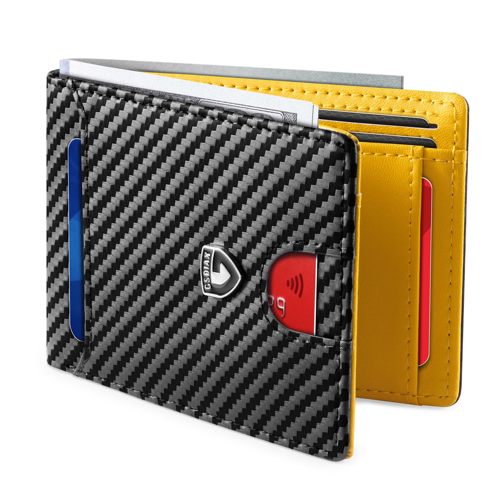 Slim Wallet for Men RFID Blocking Bifold Wallet Carbon Fiber Front Pocket Wallet with 11 Card Holder Minimalist Mens Wallet with Gift Box(Carbon Yellow)