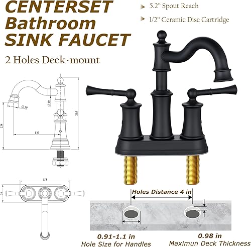 Miniatura 3 de WINKEAR Centerset - Grifo para lavabo de baño, color negro mate, 2 asas, apto para instalación de 2 agujeros, montaje de desagüe emergente con placa