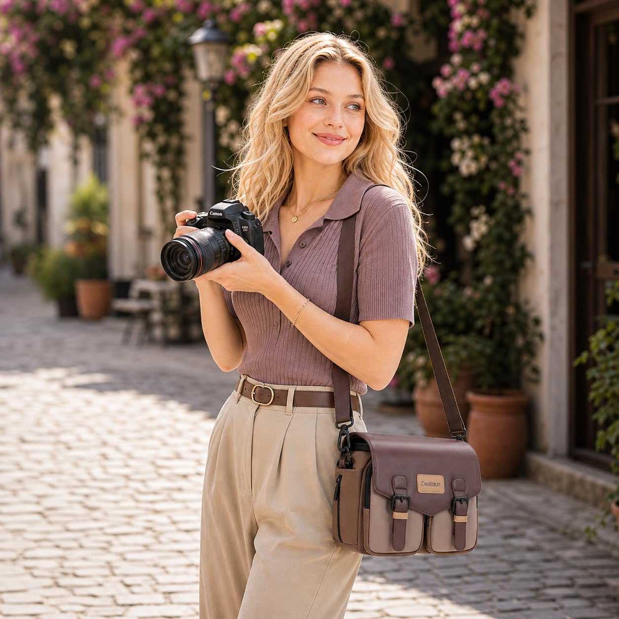 Cwatcun Borsa a tracolla per fotocamera compatta, piccola borsa a tracolla impermeabile con supporto per treppiede, borsa da viaggio per fotocamera DSLR/SLR/fotocamera mirrorless, marrone, M, Custodia