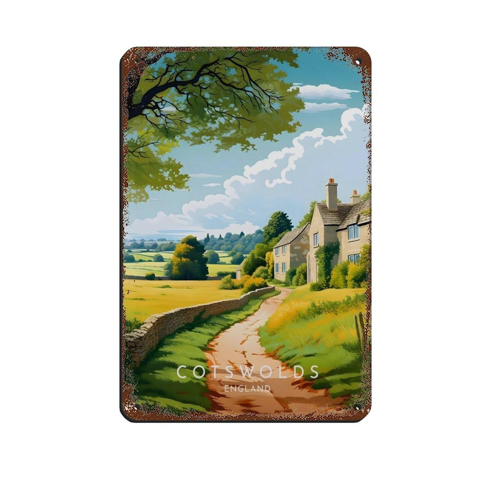 Lxwnze 20L X 30W Cm Cotswolds Travel- England, Cotswolds Retro Poster Metal Tin Sign Chic Art Retro Iron Painting Bar People Cave Cafe Family Garage Poster Wall Decoration 8X12inch(20X30cm)