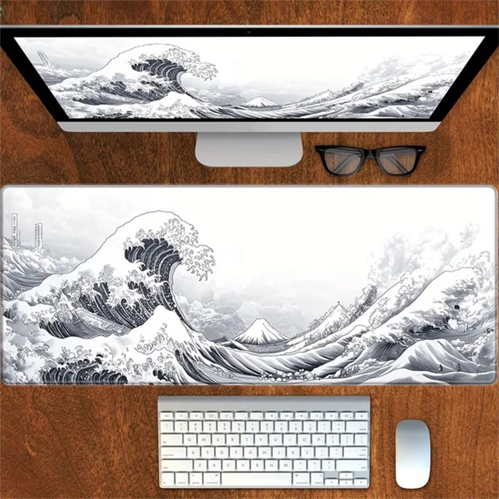 Grand Tapis de Souris XXL Vagues Paysage 900 x 400 x 3mm, Tapis de Bureau Gamer avec Bords Cousus et Base Antidérapante pour Haute Précision et Vitesse