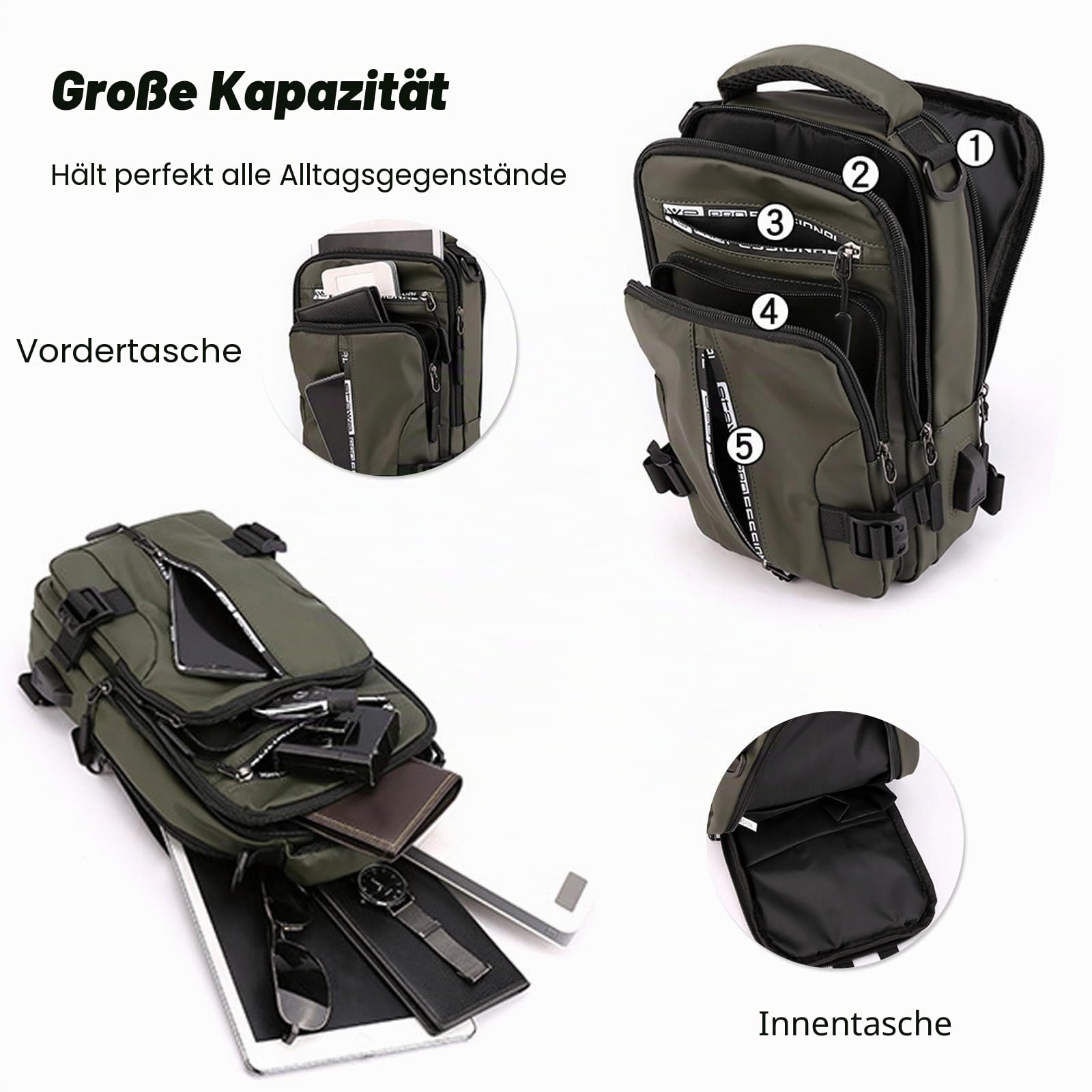 FANDARE Brusttasche für Herren Schultertasche Crossbody Bag mit USB-Ladenanschluss Sling Bag Umhängetaschen Verstellbare Schultergurte für Outdoor Radfahren Reisen Crossover Daypacks Nylon Schwarz