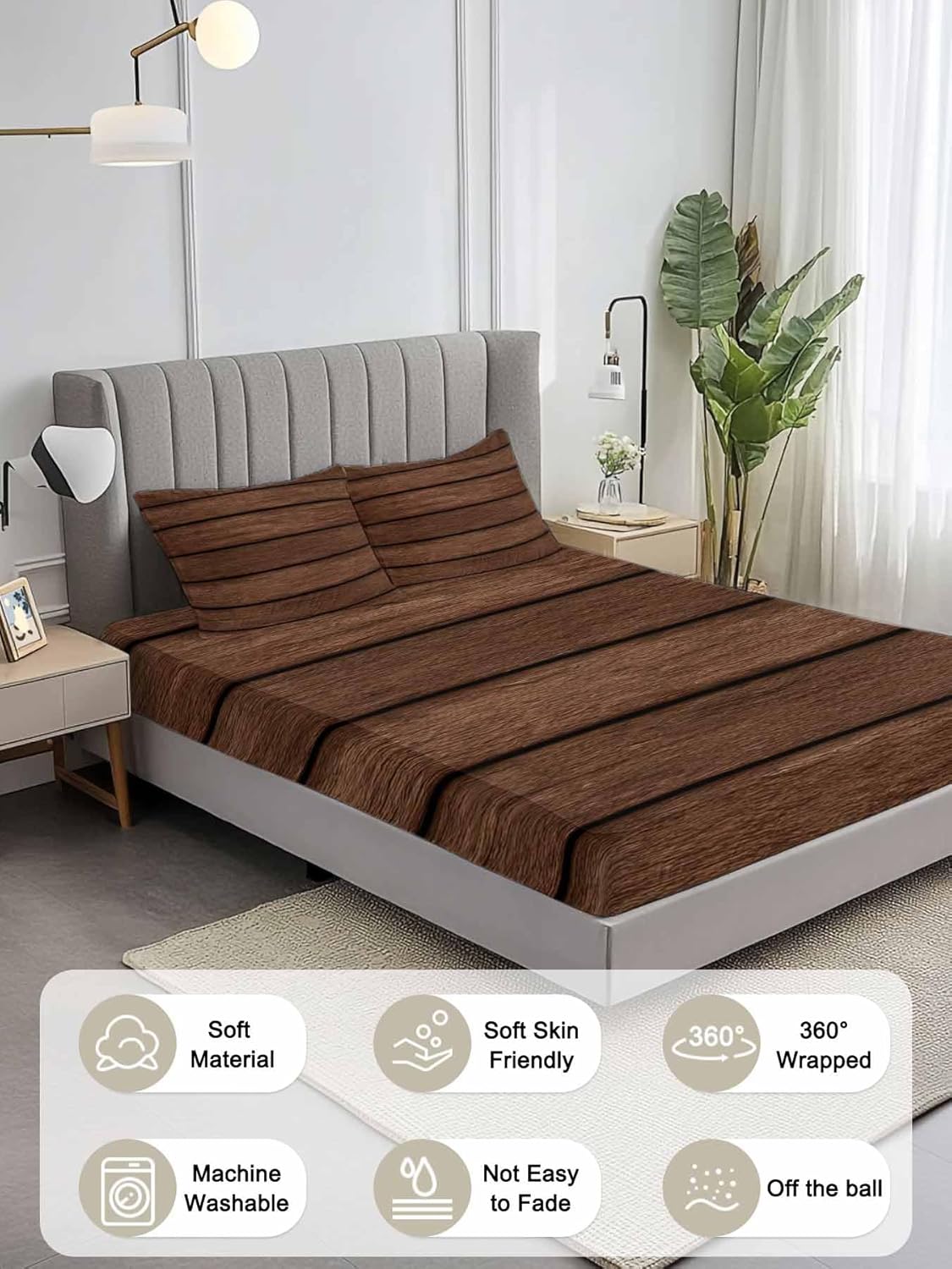 Fitted Sheet and Pillowcases Set Queen Size, Dark Brown Wooden Soft Bed Fitted Sheets - Fits Mattress Up to 16", Vintage Western Country Wooden Board Bedding Set with 2 Pillow Covers