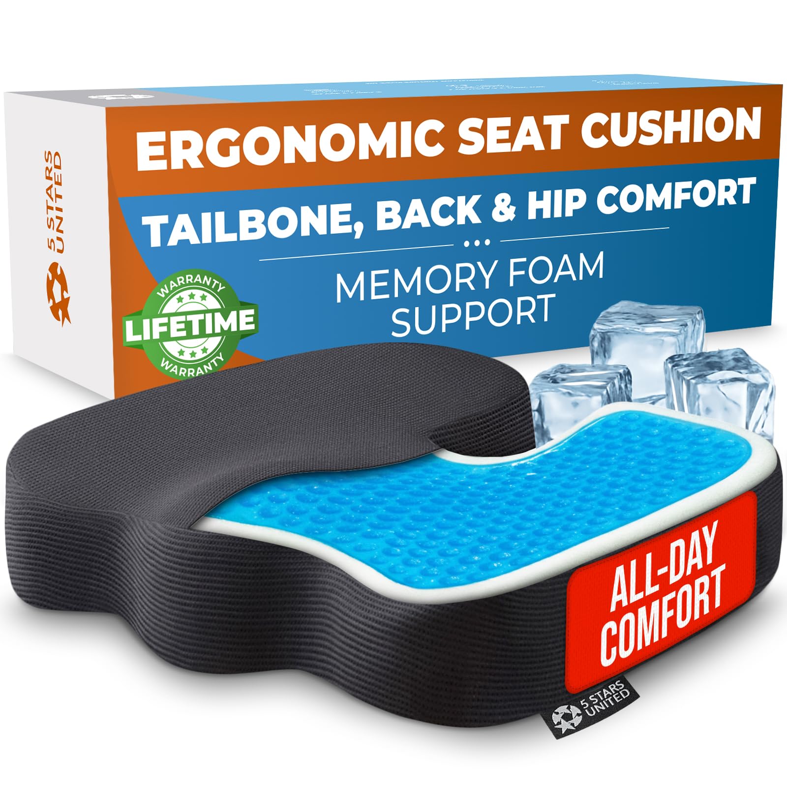 Ergonomic Seat Cushion – Memory Foam Comfort with Cooling Gel – Tailbone, Hip & Coccyx Sitting Support – Office Chair, Car, Desk, Wheelchair & Gaming – Arctic Black