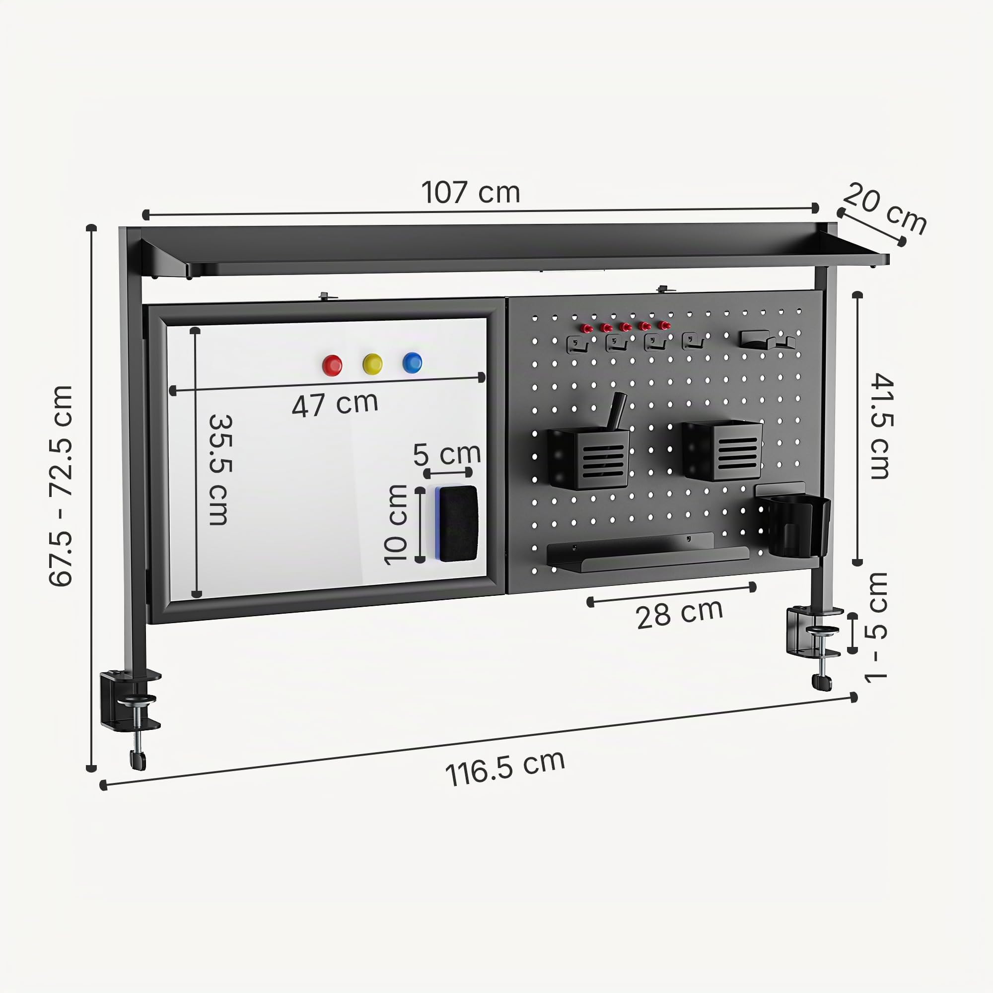 [en.casa] Tablero Perforado Virvik Organizador de Escritorio Panel Perforado con Estante Pizzarra Cajas para Accesorios de Oficina Despacho Estudio 117 x 73 cm - Negro