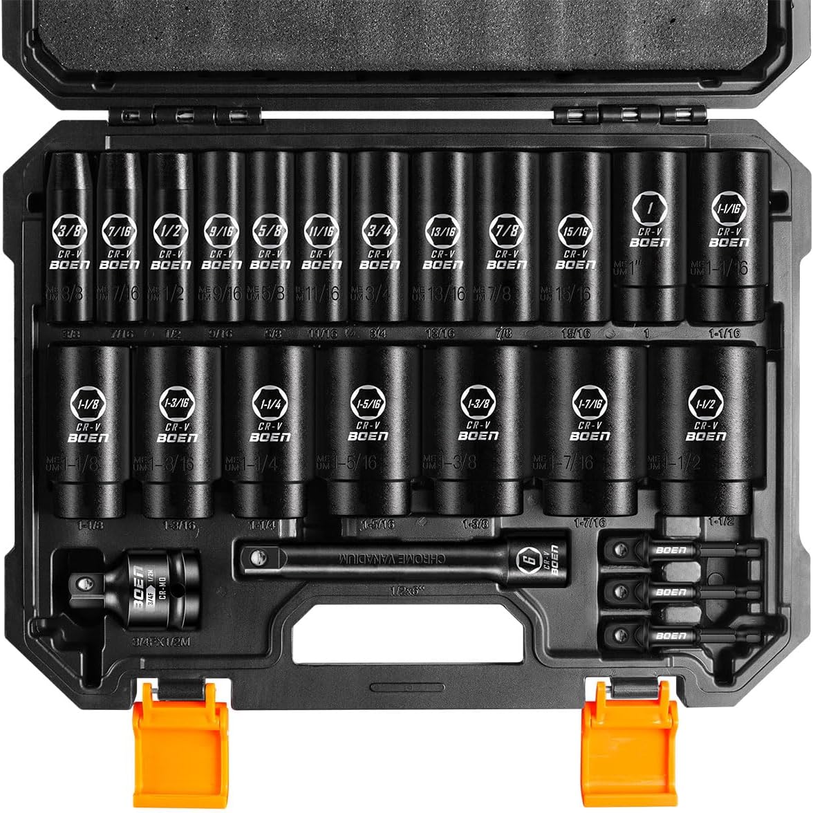 boen 1/2” Drive SAE Impact Socket Set, 3/8" to 1-1/2" Deep Socket, 6-Point Hex Socket with Portable Case, Rugged Construction, CR-V Steel, 24PCS