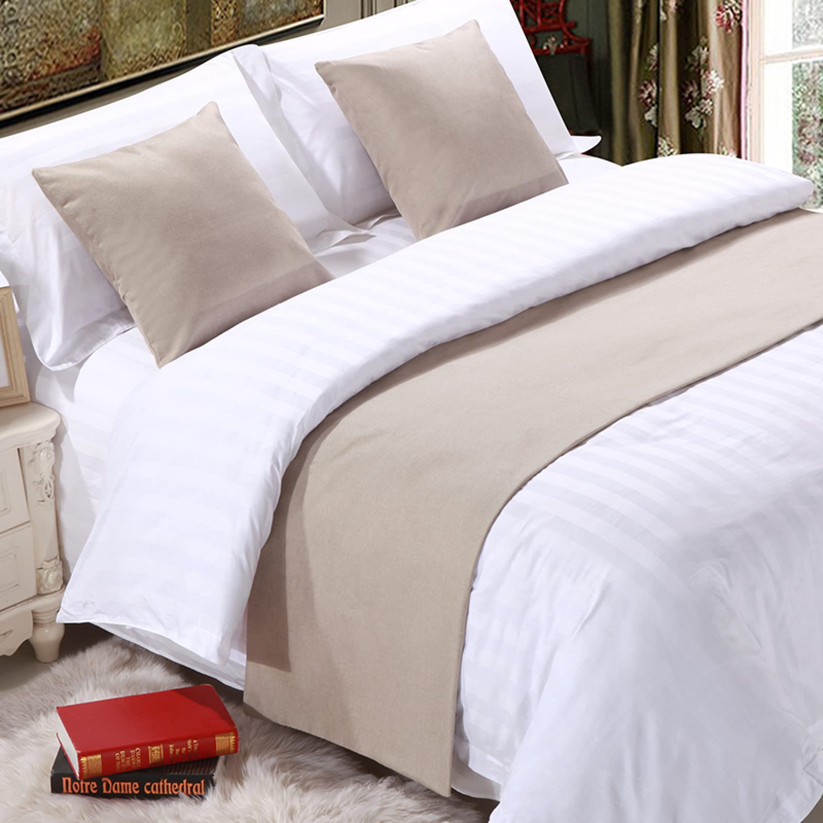 GZQIAWY Bedspread Bed Runner Throw Home Hotel Plain Thick Cotton Linen Solid Color Bedroom Tail Towel Protector Bedding Decor Bed Cream Color 50 x 180cm (Bed Scarf)+2 Cushion Covers