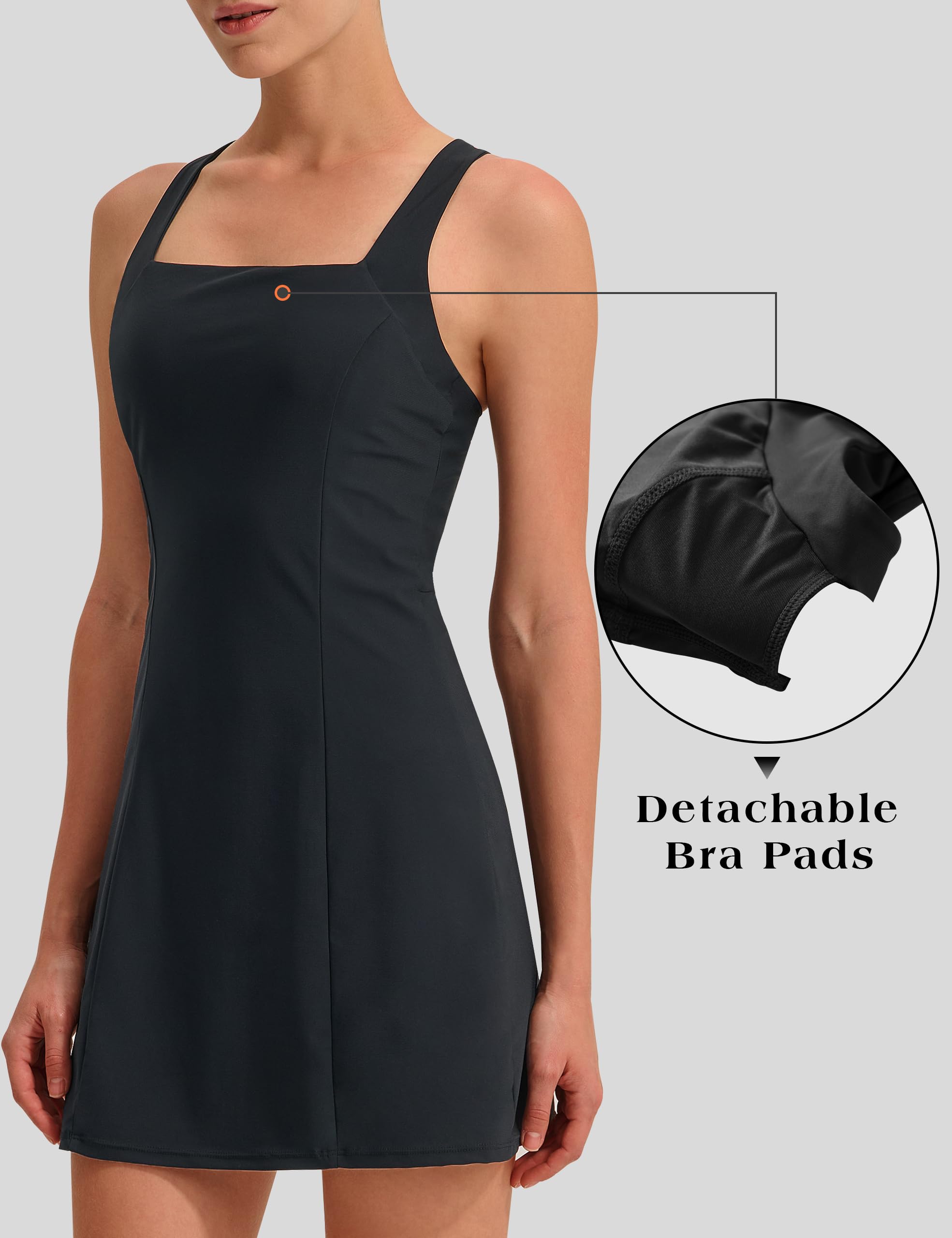 EZRUN Womens Square Neck Tennis Dress Built in Shorts and Bra Athletic Golf Dress with Pockets for Summer Black