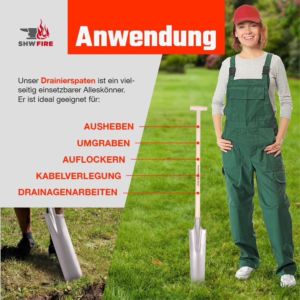 SHW-FIRE Drainierspaten - Trittschutz, 90cm Buchenstiel mit T-Griff | Für Gartenarbeit & Bodenbearbeitung | Drainagearbeiten & Kabelgräben | schmales Blatt | Gewicht 2.300 g