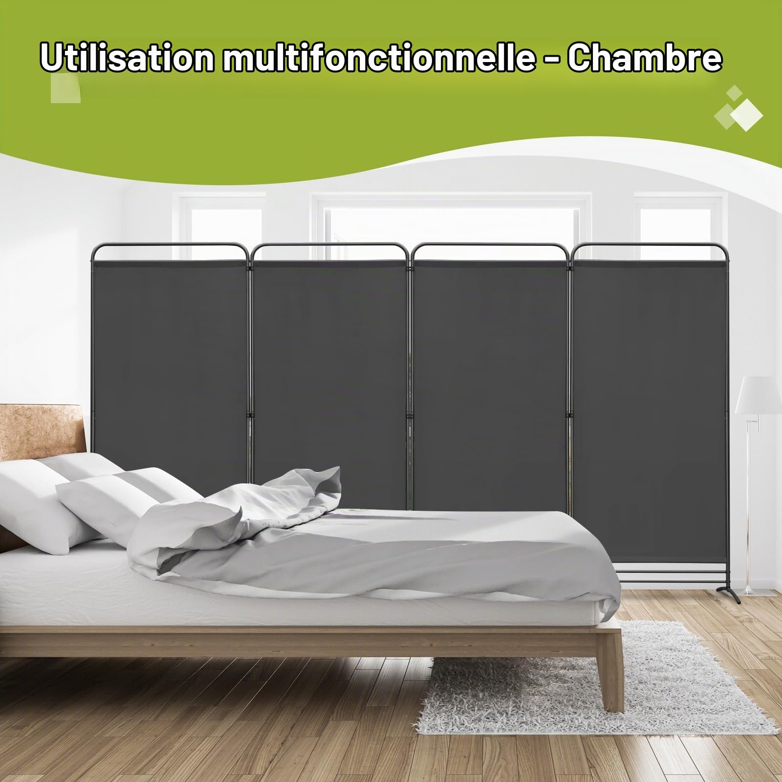 Angel Living Paravent 4 Panneaux Pliable Diviseurs de Chambre Séparateur de Panneaux Indépendant Paroi de Séparation Murale Séparation Visuelle pour Bureaux, Chambre à Coucher, 180 x 324cm (Gris)