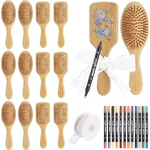 12 Pcs DIY Wood Hairbrush Painting Kits, 6 Square and 6 Oval Unfinished Hair Brushes with 24-Color Markers & Lace Ribbon, Massage Styling Comb Set, Creative Art Craft Supplies for Party DIY Gifts
