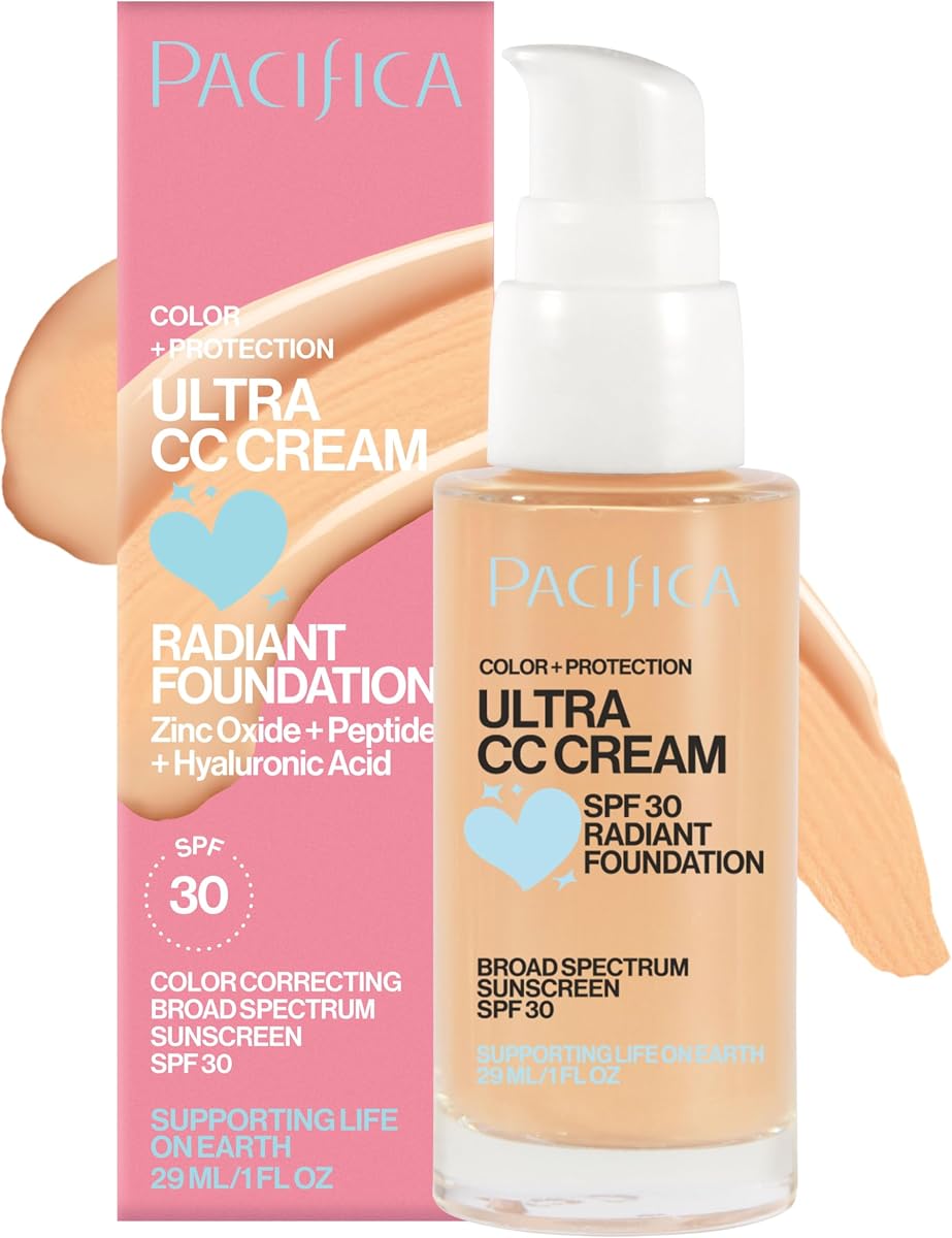 Pacifica Ultra CC Cream Radiant Foundation SPF 17 (Natural Medium) – Medium-Coverage Tinted Moisturizer + Mineral Sunscreen, Dewy Finish, 1 fl oz